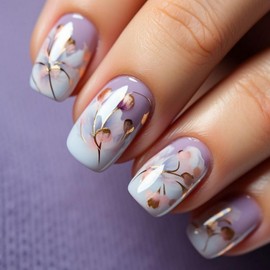 24 Pcs Flower Press on Nails Short Square Fake Nail Purple Gradient Floral Pattern Design Glossy Full Cover Acrylic Nails Stick on Nail for Women DIY Manicuare Decoration