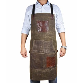 One Size Fits Utility Apron | Adjustable Cross-Back Straps | Multi-Use Shop Apron With Tool Pockets By Aaron Leather Goods (Green, Canvas Leather)