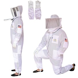 US APIARY 3 Layer Bee Suit with Fencing Veil and Round Veil One Pair Gloves Sting Proof Ventilated Beekeeping Suit, 2 Veils (White, Small)