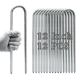 Asyusyu Heavy Duty 12 Inch Metal Tent Stakes,12 Pack Galvanized Steel Camping Stakes with 1 Inch Hook,Rust Resistant Ground Stakes for Tents,Tarps,Canopies,Inflatables,Yard Decorations,Outdoor Camping