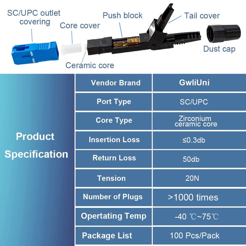 GwliUni 100 Pcs SC Fiber Optical Fast Cold Connector, Single