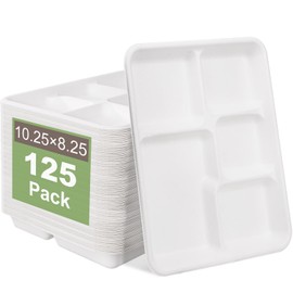 100% Compostable 5 Compartment Paper Plates, 125 Pack Heavy Duty Disposable School Lunch Trays, 10.25 * 8.25 Inch Eco-Friendly Bagasse Plates for Party and Buffet (BPA Free,Microwaveable)