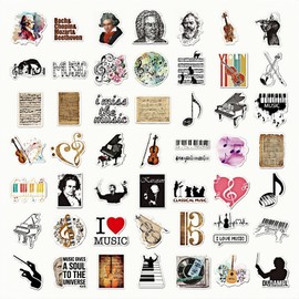 100 PCS Classical Music Stickers, Vinyl Decorative Decals with Musical Instruments, Notes, Composers,Sticker Packs Waterproof Reapplicable