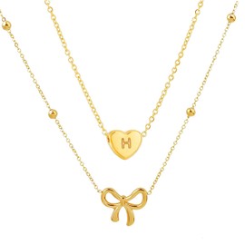 ALRNBY Initial Necklace for Women Layered Bow and Heart Necklace Non Tarnish Letter Necklace A-Z Trendy Gold Plated Necklace Cute Dainty Charm Jewelry (H)