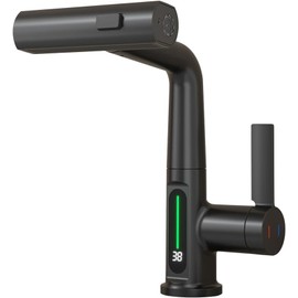 YLIEHS Pull-Out Lift LED Temperature Digital Display Bathroom Basin Faucet, 360° Rotatable Waterfall 3-in-1 Tap, Matte Black