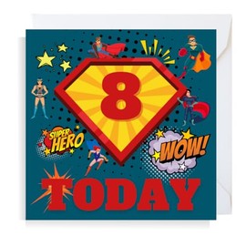 Second Ave Superhero 8th Birthday Age 8 Square Children's Kids Birthday Greeting Card for Boy or Girl