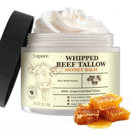 Lupure Beef Tallow Balm for Skin, Whipped Grass Fed Beef Tallow with Honey, Organic & All-Natural Face Moisturizer, Hydrating & Nourishing Balm for Dry Skin, Eczema Relief, Unscented, Non-Greasy, 2oz