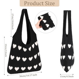 Sightor Crochet Tote Bag, Mesh Beach Bag Knit Summer Hobo Bag Vacation Boho Tote Bag for Women (C-Black White Heart)