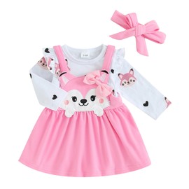 Siyova Baby Girl Outfits 3 PCS Toddler Long Sleeve Ruffle Romper and Fox Print Suspender Skirt Headband Infant Fall Autumn Winter Clothes Set (Pink, 3-6 Months)