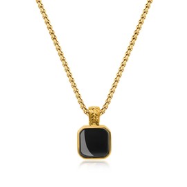 COAI Men's Gemstone Necklace with Square Pendant and Gold Stainless Steel Chain for Men, Stone, Onyx