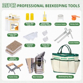 POLLIBEE 35Pcs Beekeeping Supplies Starter Kit with Bee Suit,Smoker & Frame Holder, Complete Bee Hive Tools Set with Oxford Bag for Beginner Beekeepers Men Women (XL)