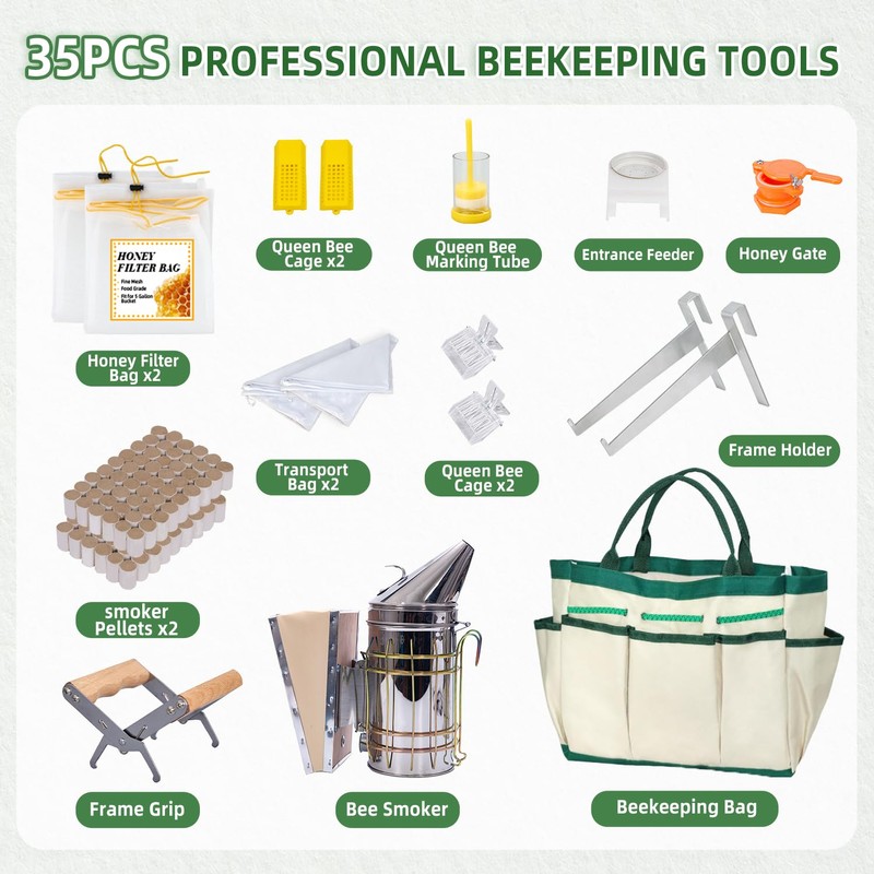 POLLIBEE 35Pcs Beekeeping Supplies Starter Kit with Bee Suit,Smoker &