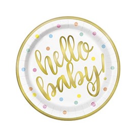 Unique Party 73525 - Foil "Hello Baby" Gold Baby Shower Paper Plates, Pack of 8