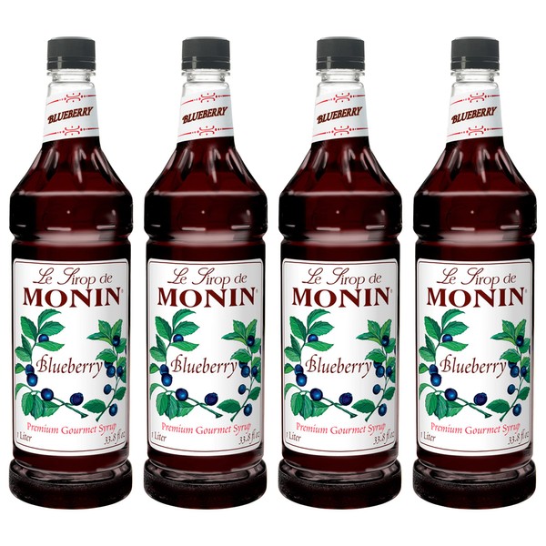 Monin - Blueberry Syrup, Mildly Sweet & Tart Blueberry Flavor, Great for Teas, Lemonades, Smoothies, & Cocktails, Gluten-Free, Non-GMO (1 Liter, 4-Pack)