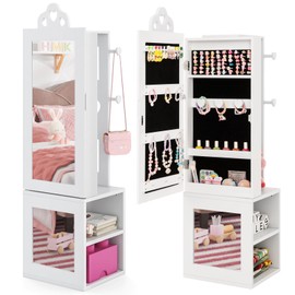 Costzon Kids Jewelry Armoire Cabinet, 46" Standing Jewelry Organizer with Full-Length Mirror, Rear Storage Shelves, Garment Rack, Kids Vanity Dress Up Mirror Jewelry Cabinet for Girls (White)