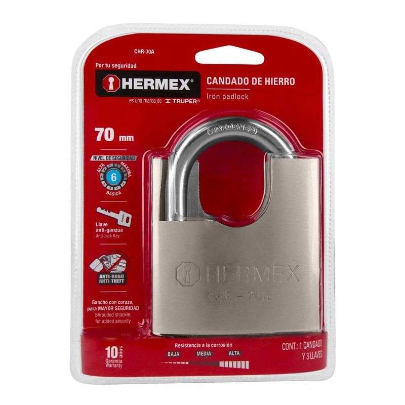 Hermex CHR-70A, Candado de hierro 70 mm con coraza llave