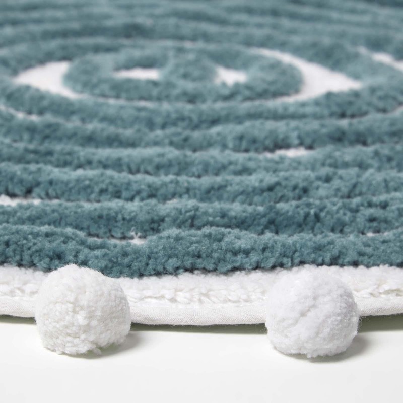 Homescapes Spiral Pattern Bath Mat Tufted with Pom Poms Round