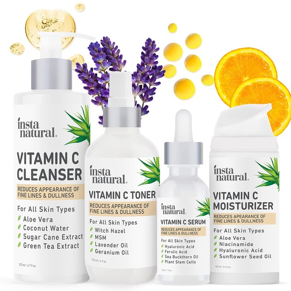 Vitamin C Skin Care Collection - Facial Cleanser, Face Toner with Witch Hazel, Vitamin C Serum plus Hyaluronic Acid & Facial Moisturizer with Jojoba Oil Anti aging, Clear Skin, Brightening Routine