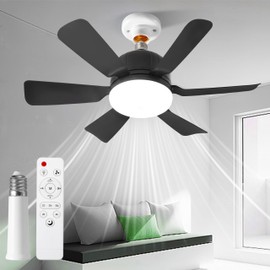 Hywyimlait Hywyimlait Socket Fan Light with Remote, Portable Ceiling Fans with Lights for Bedroom, Kitchen, Living Room, 3 Color Stepless Dimming, Screws into E27, Black (Six Blade)