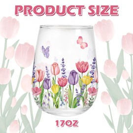 Whaline 2Pcs Spring Summer Stemless Wine Glasses 17oz Tulip Lavender Butterfly Drinking Glasses Watercolor Tumbler Cups for Spring Summer Birthday Party Supplies