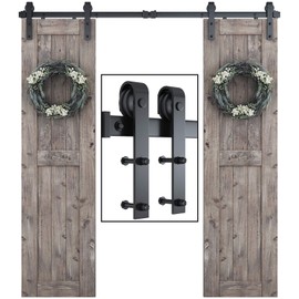 SMARTSTANDARD 6.6 FT Double Barn Door Hardware Kit, Sliding Door Track-Smoothly and Quietly -includes Detailed Installation Fit 20" Wide Doorpanel (J Shape Hanger) Black