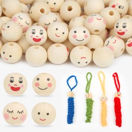 ROYUEXT Pack of 80 Wooden Beads with Face Worms, Wooden Heads with Face 20 mm with Hole, Natural Round Beads, Nice Face