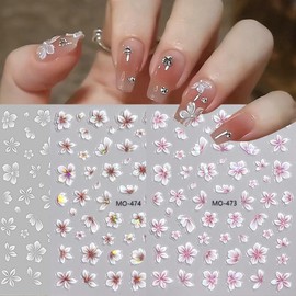 Flower Nail Stickers, Blossom Flower Nail Decals 3D Embossed White Pink Grey Blossom Small Floral Pattern Spring Summer Nail Design Manicure Decoration for Women Girls(3Sheets)
