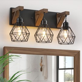 3-Light Farmhouse Bathroom Vanity Light Fixtures, Wood Bathroom Light Over Mirror, Rustic Sconces Wall Lighting with Elegant Metal Lampshade for Living Room, Bedroom, Hallway