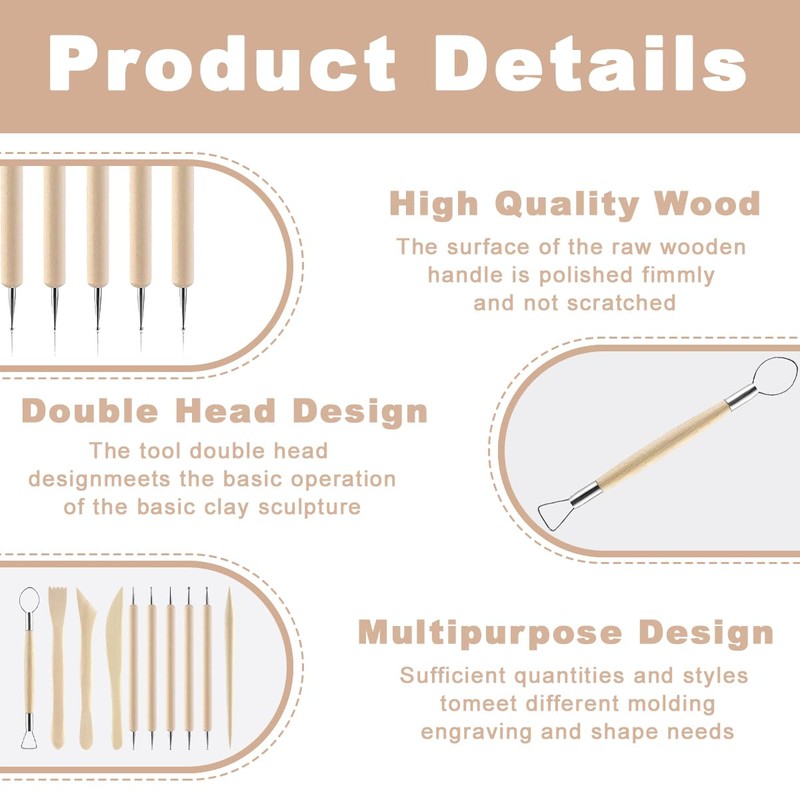Clay Modelling Tools, 10 Pcs Wooden Clay Sculpting Modelling Pottery