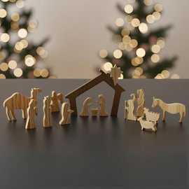 Nativity Set, Christian Christmas Decorations, 15-Piece Wooden Nativity Scene with Stable & Figures, Small Handmade Wood Set for Indoor Holiday Decor, Religious Catholic Gift, Christian Decor Display