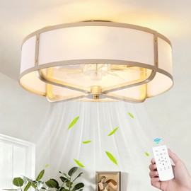 Beiduna 18" Gold Flush Mount Ceiling Fan with Light, Caged Boho Ceiling Fans with Lights and Remote Control, Hidden Bladeless with 6 Speeds for Living Room, Bedroom, Nursery