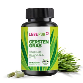 Lebepur Organic Barley Grass Capsules - 180 Pieces for 3 Months - 1000 mg Daily Dose - High Dose Barley Grass Powder from Controlled Organic Cultivation - Vegan, No Additives
