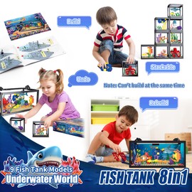 8 in 1 Fish Tank Building Sets, Marine Aquarium Building Block with LED Light Party Favors 9 Model Toy Including Octopus Crab, Christmas Birthday Gifts for Boys Girls Kids Ages 6 8 10 12+