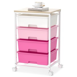 SYKIARIOL Utility-Rolling-Craft-Storage-Cart-Organizer with 4 Drawers and Wooden Tabletop, 4 Tier Drawer Cart for Home Office, Kid Room, Classroom Teacher, Dorm, Pink