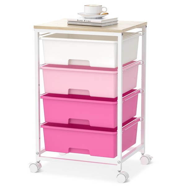 SYKIARIOL Utility-Rolling-Craft-Storage-Cart-Organizer with 4 Drawers and Wooden Tabletop, 4 Tier