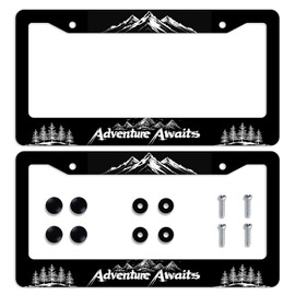Adventure Awaits License Plate Frame 2 Pack Mountains Black and White Car Front License Plate Personalise License Plate Frames Rust-Proof Stainless Steel Metal Car Plates Tag Funny Decor Men Women