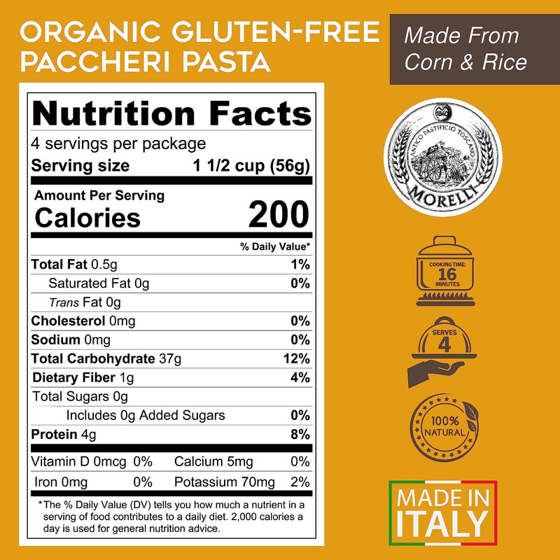 Morelli Organic Gluten-Free Pasta, Paccheri - Italian Gourmet, Organic, Large
