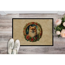 Caroline's Treasures DAC2406JMAT Pomeranian Christmas Flowers Doormat Front Door Mat Indoor Outdoor Rugs for Entryway, Non Slip Washable Low Pile, 24H X 36W