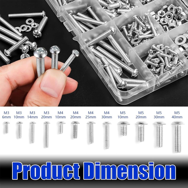 Nuts and Bolts Assortment Kit, M3 M4 M5 Carbon Steel