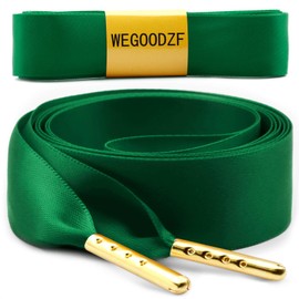 WEGOODZF Ribbon Satin Sneakers Shoelaces: 2 Pair 22mm Wide 47 inch Green + Gold Metal Tips Flat Silk Shoe Laces