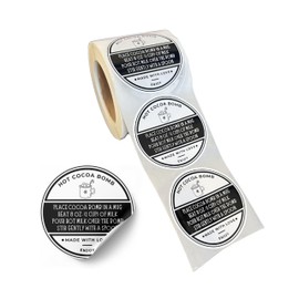 Hot Cocoa Bomb Stickers 250 per Roll 2” Chocolate Instructions DIYers Bulk Packaging Spoons Labels Tags Minimalist Black Bar and White