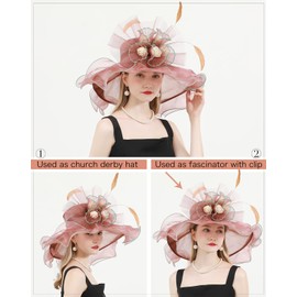 Z&X Women Organza Derby Hat Rose Flower Wedding Tea Party Fascinator Hat Wide Brim Sun Caps Brown Pink