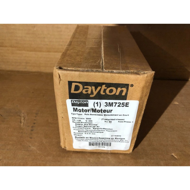 DAYTON Motor,1/30 HP,3000 rpm,230V 3M725E 3M725 New