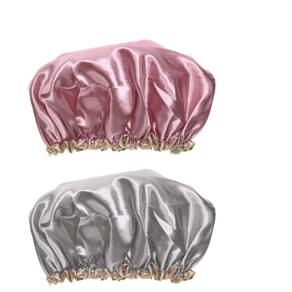 Mini Skater Shower Caps for Women Satin Waterproof Double Layers Elastic Washable Vintage Fashion Stylish Comfortable Stretchy Fit Reusable Bath Hat for Adults Long Hair Salon Spa Cooking