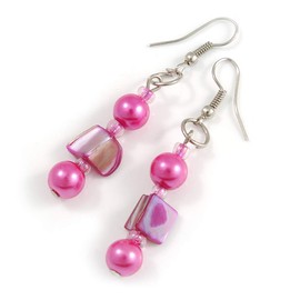 Deep Pink Glass and Magenta Shell Bead Drop Earrings/6cm Long