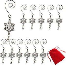 Christmas Snowflake Ornament Hook with S-Hook and Lobster Claw - Set of 12 - White enameled Snowflakes - Xmas Accessories & Accents for Hanging Ornaments - 3.25" L
