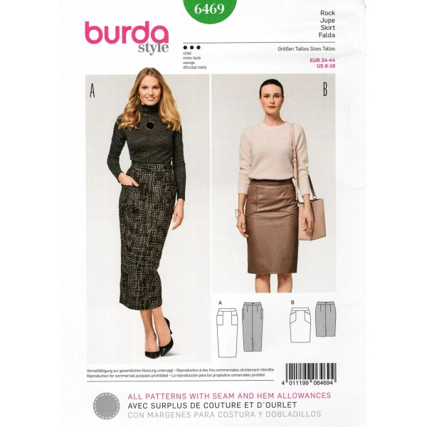 Burda 6469 Pencil Skirts in 2 Lengths w Shaped Waistband