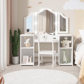 Kids Vanity Table, Princess Makeup Desk & Chair Set Withtouch Light Detachable Tri-Folding Mirror, Open Storage Shelves, Wooden Girls Vanity Dressing Table, Pretend Play Vanity Set for Toddler