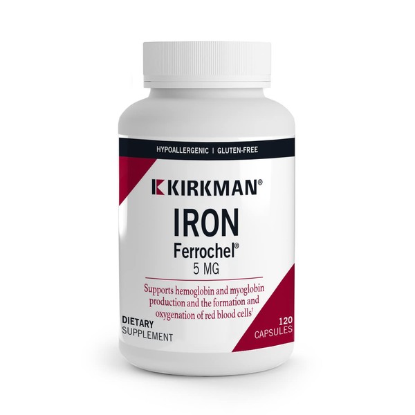 Kirkman - Iron Ferrochel 5mg - 120 capsules - Aids Hemoglobin & Myoglobin Production - Supports Red Blood Cells Formation - Hypoallergenic