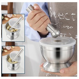Stainless Steel Hand Masher & Bowl, Wanfoou Mortar and Pestle Set, with Anti Slip Base for Grinding Herbs Pills and Kitchen Spices Crusher with Lid